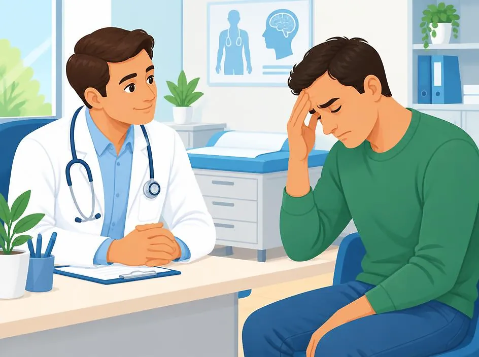 A doctor listening to a patient with a headache