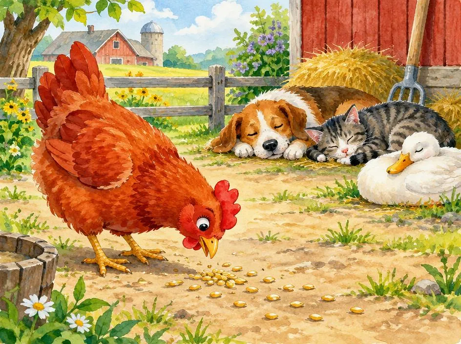 The hen finds wheat while friends sleep