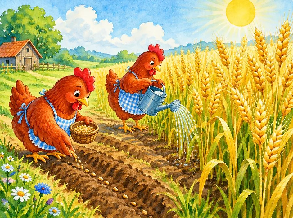 The hen planting and watering wheat