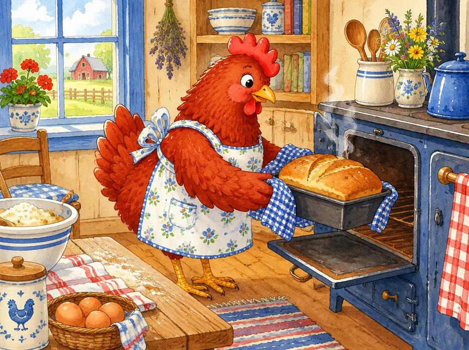 The hen baking bread