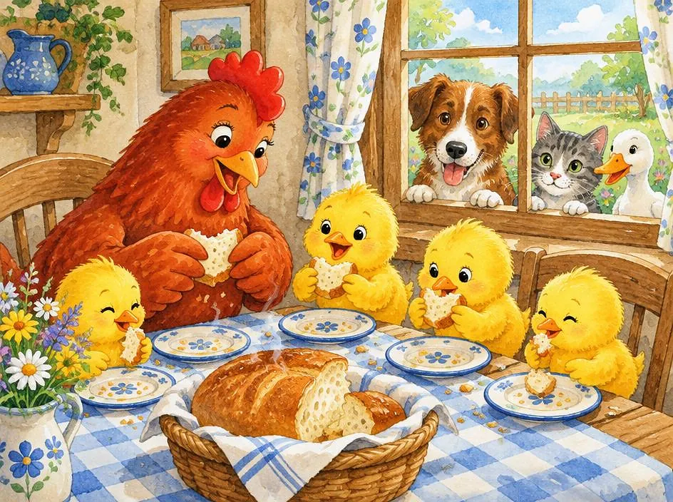 The hen and chicks eating bread