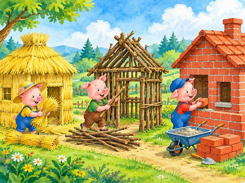 Pigs building houses of straw, sticks and bricks