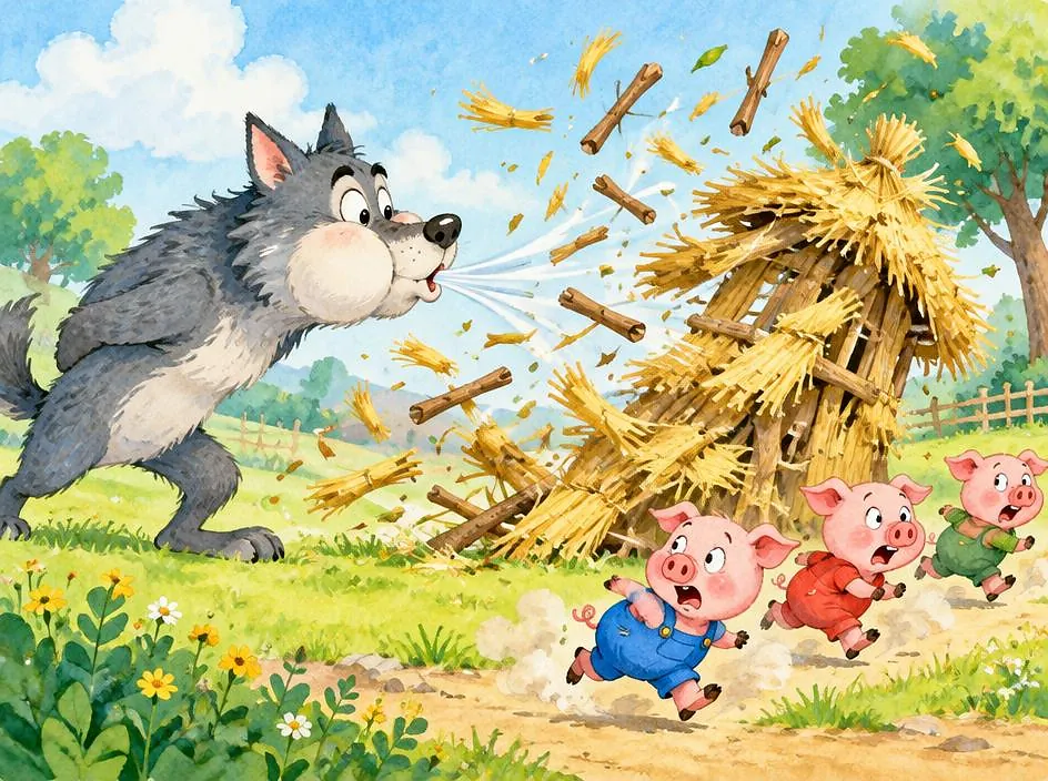 The wolf blowing the straw house down