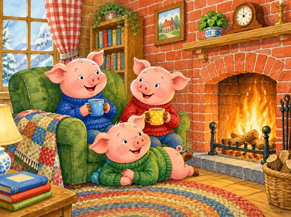 The pigs safe by the fire