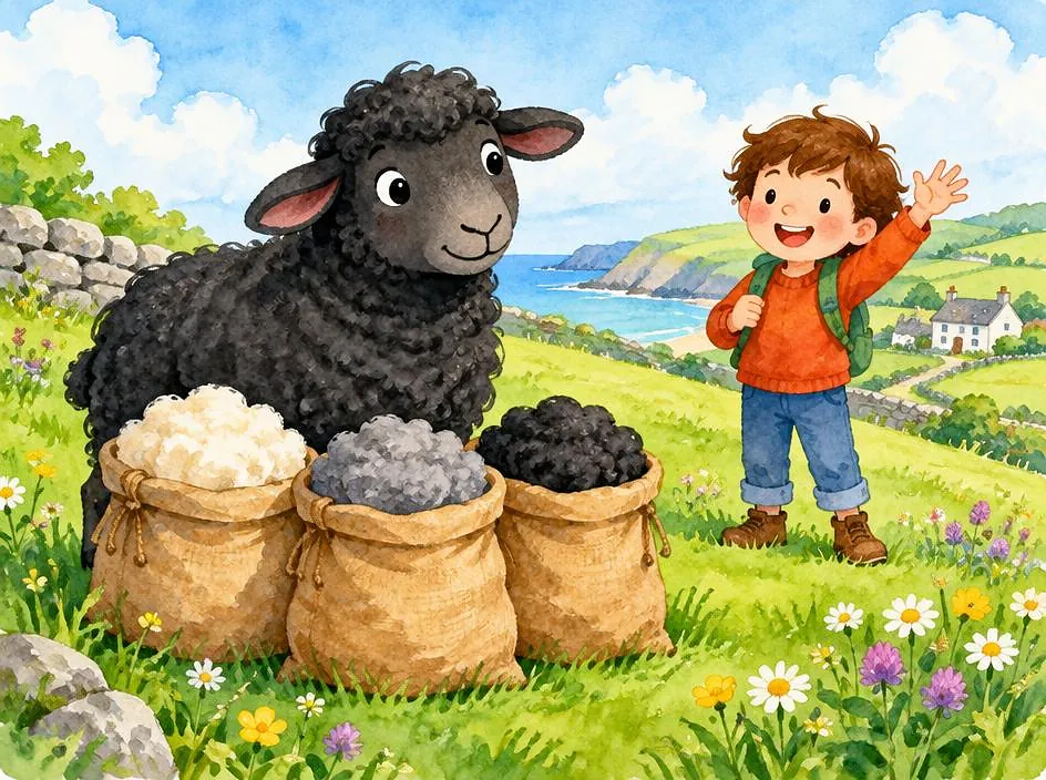 A black sheep with three bags of wool