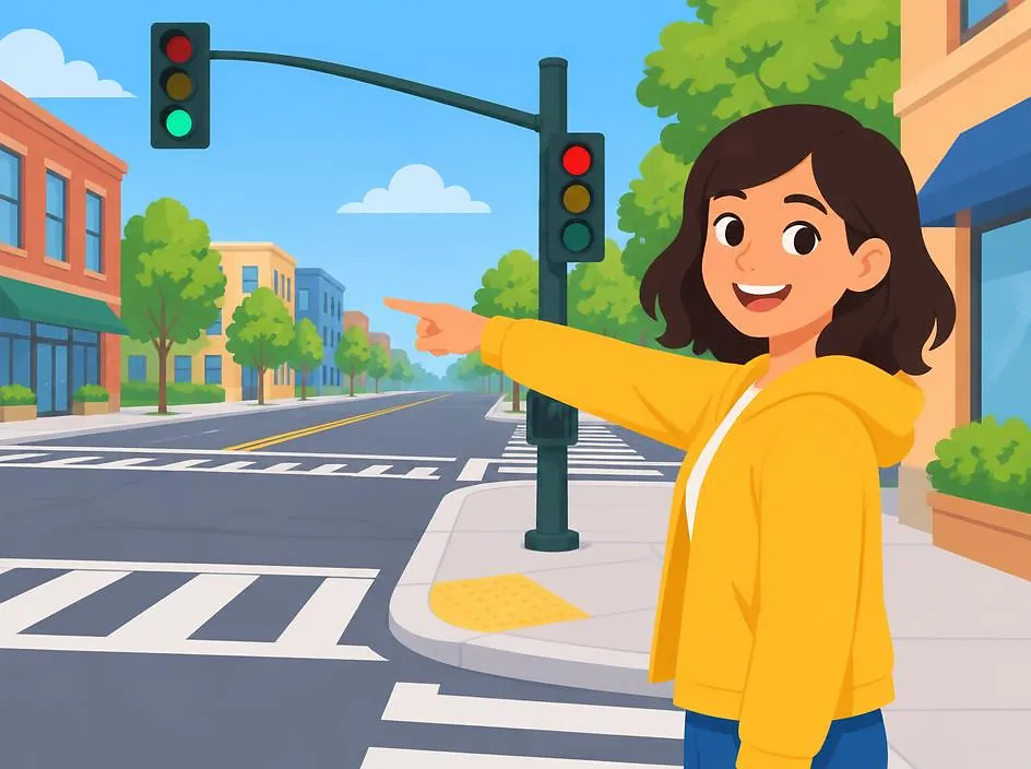 A woman pointing at a street corner
